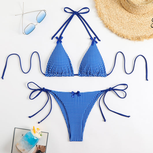 Blue and white gingham plaid bikini swimsuit with triangle top and thong bottom, featuring white tie straps and bows. - Image 9