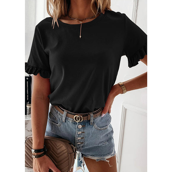 Blusa Clásica de Cuello Redondo con Volantes