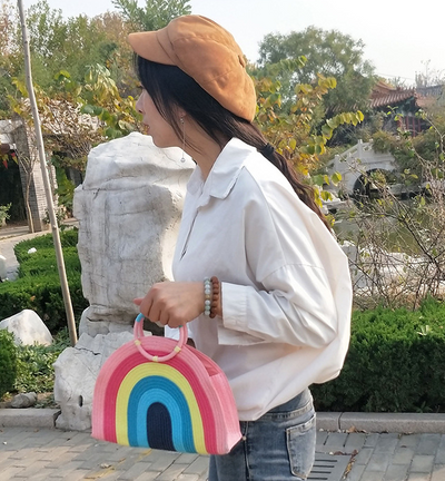 Bolsa de Playa Tejida Arcoíris Portátil para Mujer - Image 11
