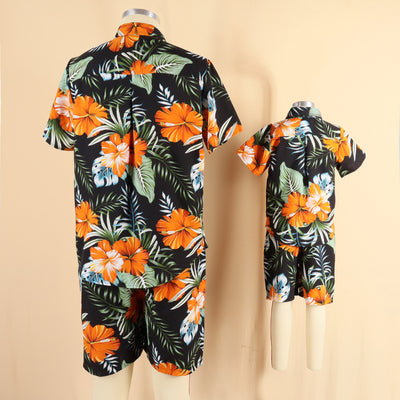 Family matching Hawaiian outfits: men's shirt and shorts, women's off-shoulder maxi dress, girl's dress, boy's shirt and shorts, all with black, orange hibiscus - Image 19