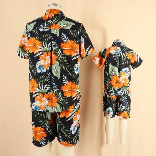 Family matching Hawaiian outfits: men's shirt and shorts, women's off-shoulder maxi dress, girl's dress, boy's shirt and shorts, all with black, orange hibiscus - Image 19