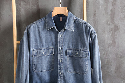 Camisa Denim Retro Vintage Lavado Doble para Hombre - Manga Larga Tono Claro - Image 8