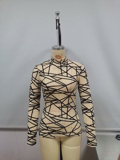 Blusa Slim Elegante de Cuello Alto con Malla y Efecto Flocking - Image 4