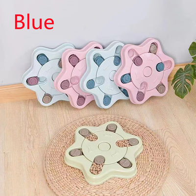 Paw-shaped dog puzzle feeder toy in light yellow with colorful sliding covers, filled with kibble. - Image 14