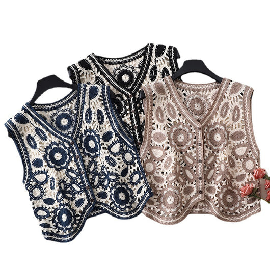 Chaleco de Primavera con Cuello V Irregular y Bordado Calado para Mujer - Image 5