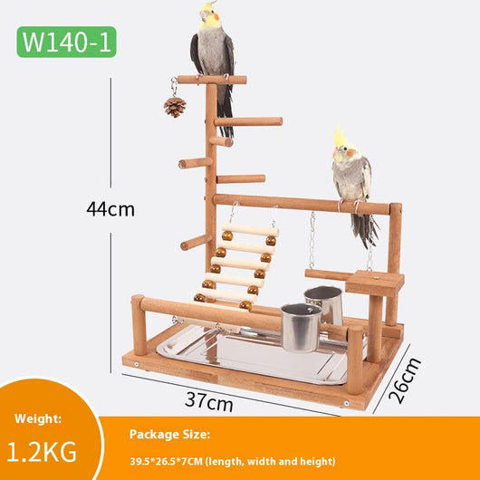 Multi-level natural wood parrot play stand with perches, ladder, swings, and two stainless steel feeding cups. - Image 8