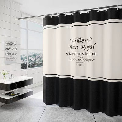 Black and white striped polyester shower curtain with a crown and text design, hanging from a silver tension rod. - Image 7