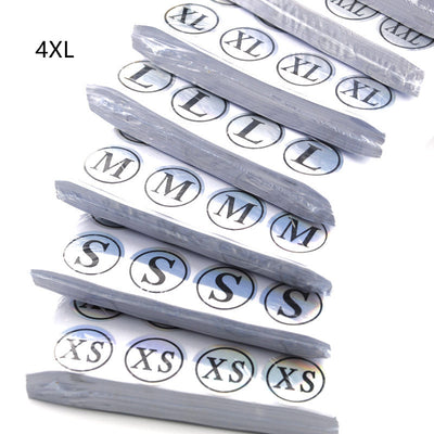 Stack of round clothing size stickers with laser color-changing background and black text, from XS to 4XL. - Image 6