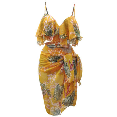 Pink tropical print three-piece women's swimwear set with ruffled bikini top, high-waisted bottoms, and matching sarong. - Image 5