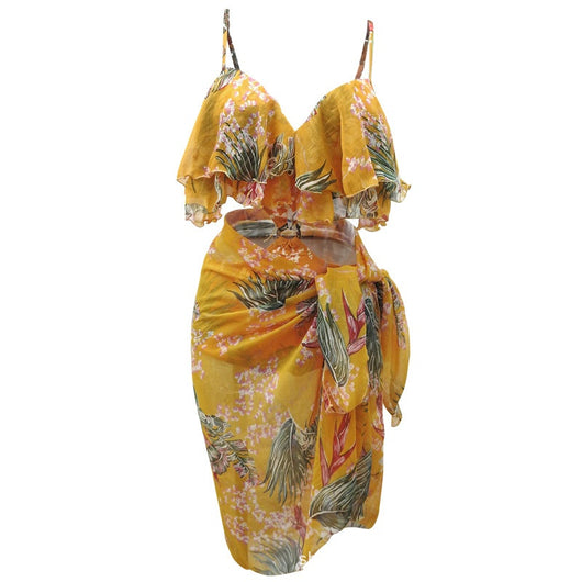 Pink tropical print three-piece women's swimwear set with ruffled bikini top, high-waisted bottoms, and matching sarong. - Image 5