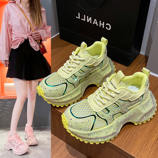 Zapatillas Deportivas Plataforma Gruesa para Mujer con Brillo y Cristales - Amarillo Claro - Image 31