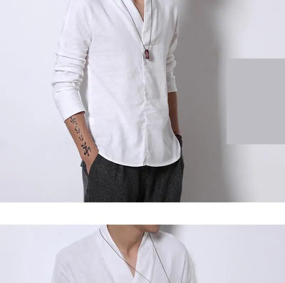 Camisa Lino Manga Larga Estilo Chino Retro para Hombre - Image 26