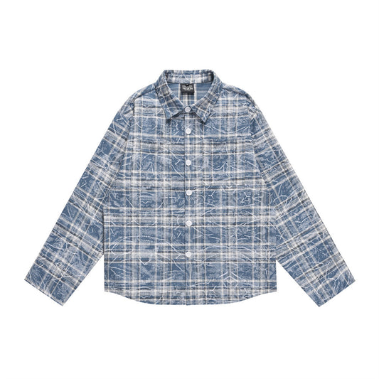 Camisa Cuadros Tie-Dye Desgastada con Bolsillos Laterales para Primavera y Otoño