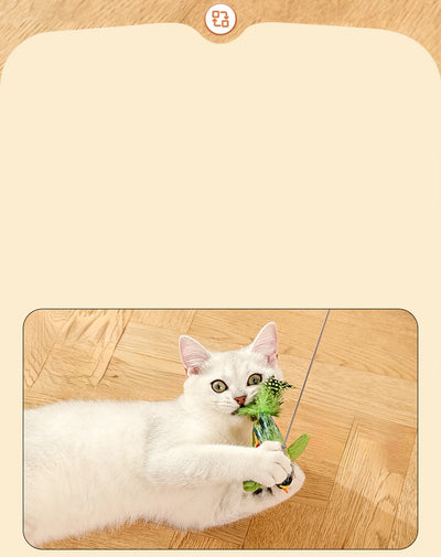 Colorful bird cat toy with green fluffy wings, black head, yellow face, orange beak, and spotted tail feathers. - Image 22