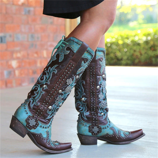 Botas Medianas con Tacón Grueso, Bordado y Cordones para Mujer - Image 2