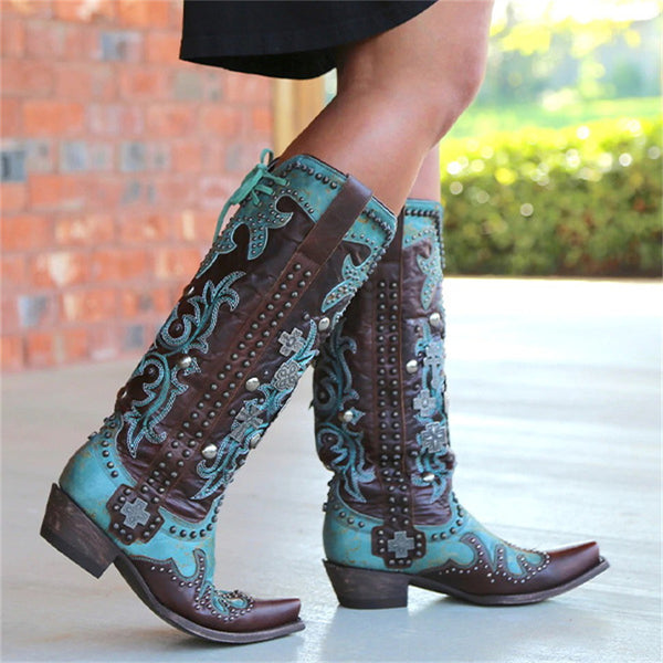 Botas Medianas con Tacón Grueso, Bordado y Cordones para Mujer