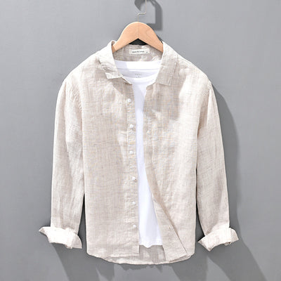 Camisa de Lino Transpirable Suelta para Hombre Color Sólido