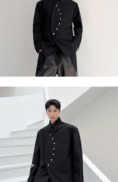 Camisa Casual Oscura con Botones Diagonales Asimétricos - Image 12