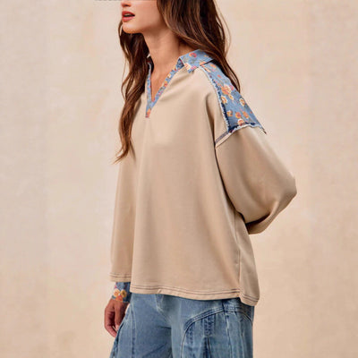 Sudadera Holgada Estilo Francés con Solapa y Patchwork para Mujer - Image 3