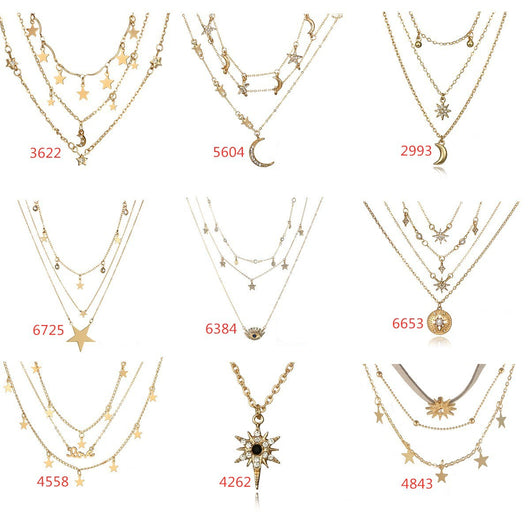 Collar Multicapas Luna y Estrellas Set Cadena para Suéter - Image 12