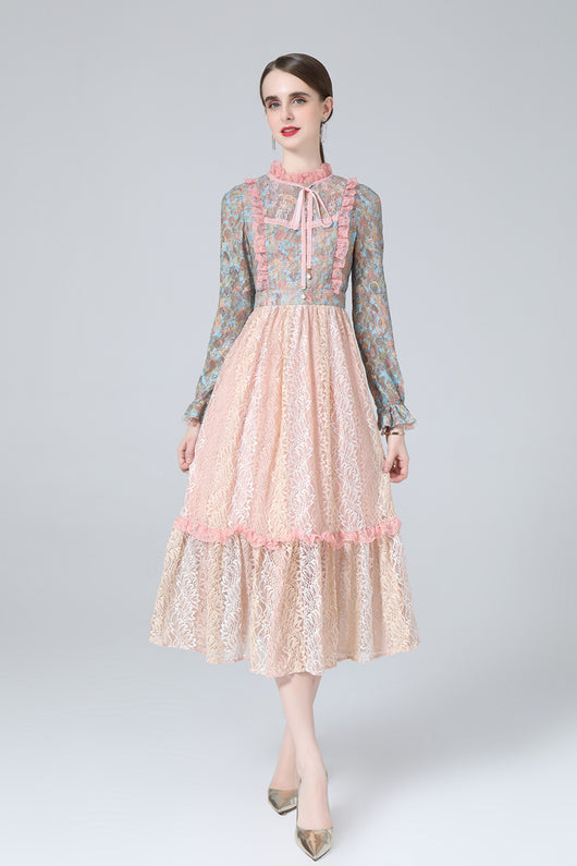 Vestido Maxi con Cuello Alto, Encaje Loto y Estampado Patchwork - Image 21