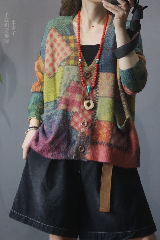 Cardigan de Punto Vintage con Cuello en V y Estampado - Image 6