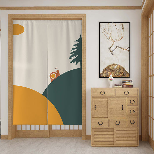Modern fabric door curtain with abstract green mountains, a dancer silhouette, and a mustard yellow lower section. - Image 5