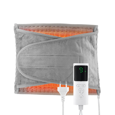 Gray quilted waist heating belt with an adjustable strap, wired remote control, and power plug, shown with its box. - Image 13