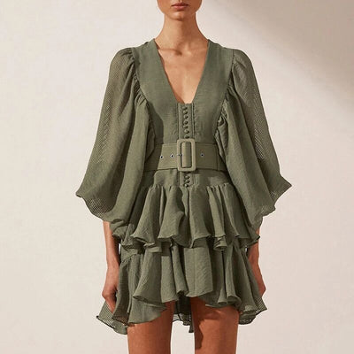 Vestido V-Escote con Volantes Superpuestos y Mangas Farol - Image 2