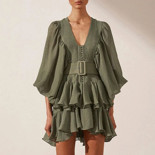 Vestido V-Escote con Volantes Superpuestos y Mangas Farol - Image 2