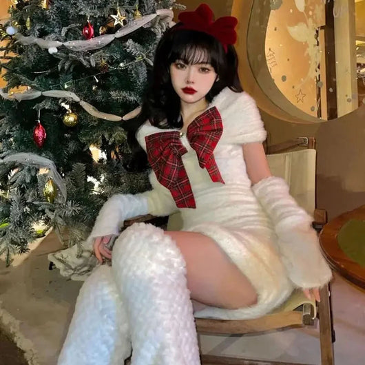 Vestido de Fiesta Navideño Elegante con Hombros Descubiertos y Lazo Rojo - Image 9