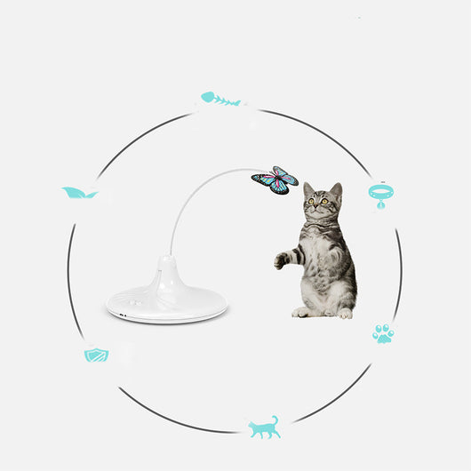 Rechargeable automatic rotating cat toy with a white base, teal paw-shaped feet, and a pink and black butterfly. - Image 2