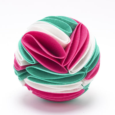 Colorful felt cloth snuffle ball for pets, featuring folded fabric strips in red, orange, yellow, green, blue, and purple. - Image 23