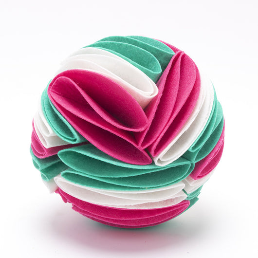 Colorful felt cloth snuffle ball for pets, featuring folded fabric strips in red, orange, yellow, green, blue, and purple. - Image 23