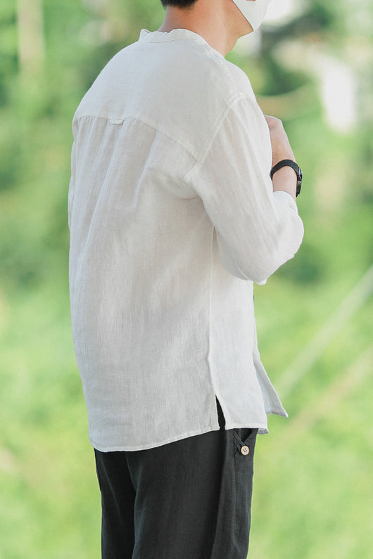 Camisa Vintage con Cuello Mao Bordada para Hombre - Image 2