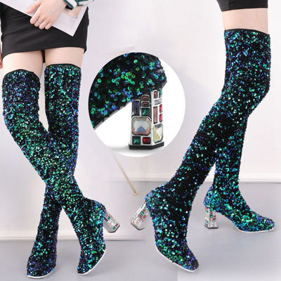 Botas Altas Elásticas con Tacón Grueso y Lentejuelas Bicolor para Mujer Talla Grande - Image 12
