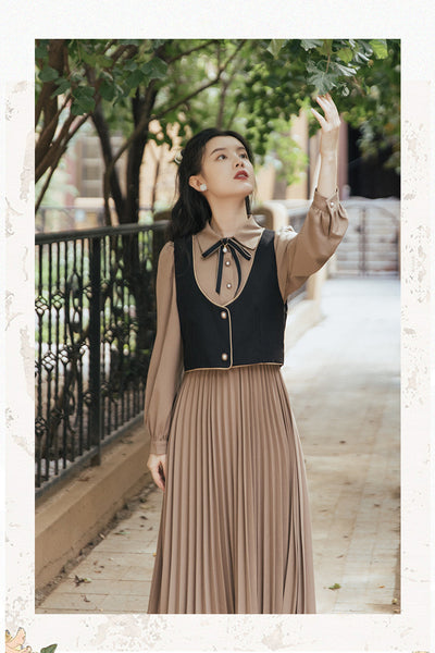 Vestido Retro Vintage con Chaleco Desmontable y Falda Plisada - Image 8