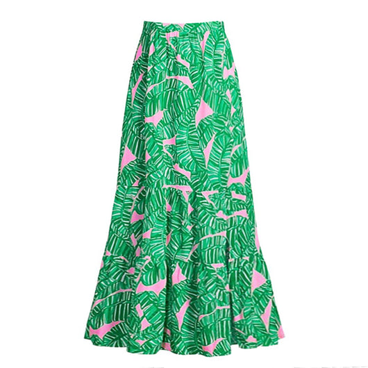 Green and pink tropical leaf print maxi skirt with tiered ruffles and an elastic waistband. - Image 21