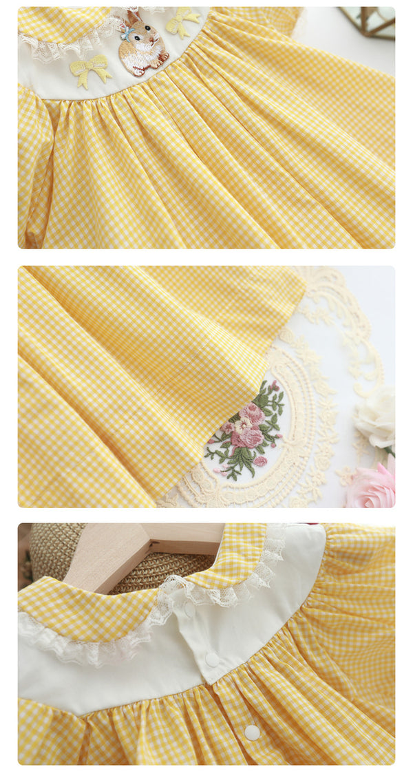 Vestido Infantil Cuadros Amarillo con Bordado Retro