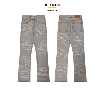 Jeans Rectos Desgastados a Mano Gris Mud con Rayas Retro - Image 9