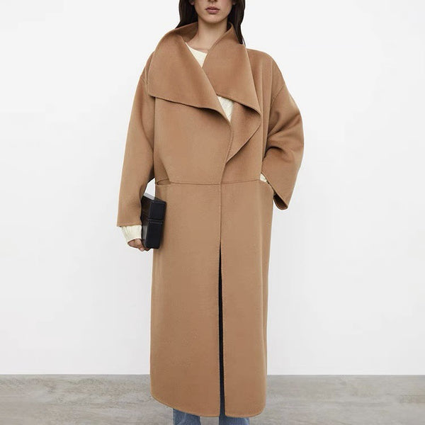 Abrigo Largo Minimalista Lana Cashmira Doble Faz con Abertura Lateral para Mujer