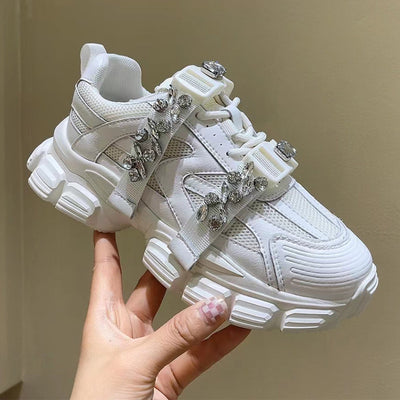 Zapatillas Blancas Transpirables con Plataforma Gruesa y Detalles de Cristal para Mujer