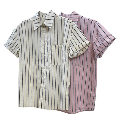 Camisa Retro de Rayas con Solapa Literaria, Manga Corta Suelta y Ligera - Image 5
