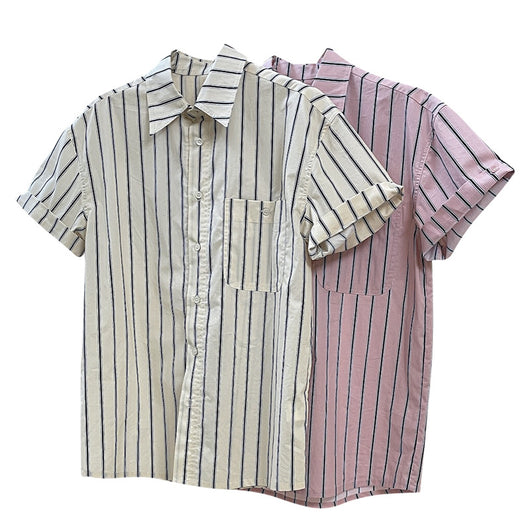 Camisa Retro de Rayas con Solapa Literaria, Manga Corta Suelta y Ligera - Image 5