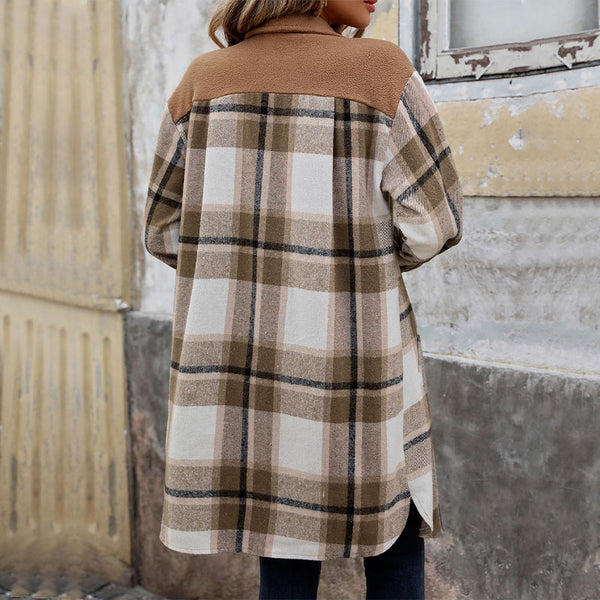 Abrigo Largo de Cuadros Cepillado con Bolsillos - Chaqueta de Invierno para Mujer