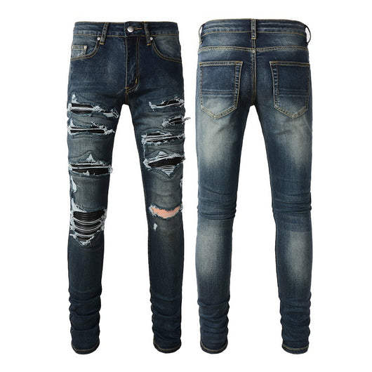 Jeans Azules Rotos con Parches de Cuero - Estilo Urbano de Alta Moda - Image 2