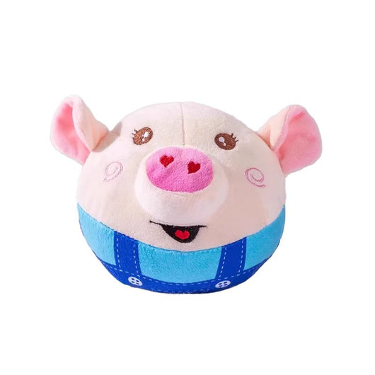 Plush piglet pet toy with a round beige head, pink ears and snout, and blue overalls. Features embroidered eyes and a smiling mouth. - Image 7