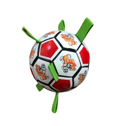Red and white dog football toy with green fabric loops, featuring cartoon dogs playing with a soccer ball. - Image 3