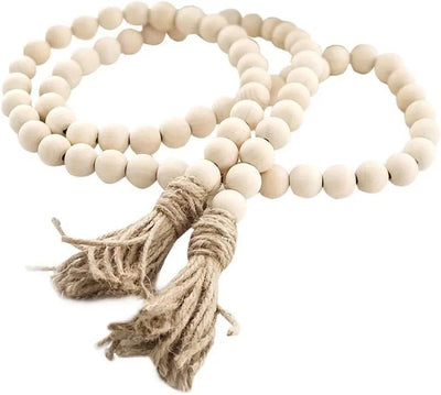 Guirnalda rústica de cuentas de madera Farmhouse Beads – 147 cm con borlas, decoración boho country para pared y espacios de oración - Tekeno