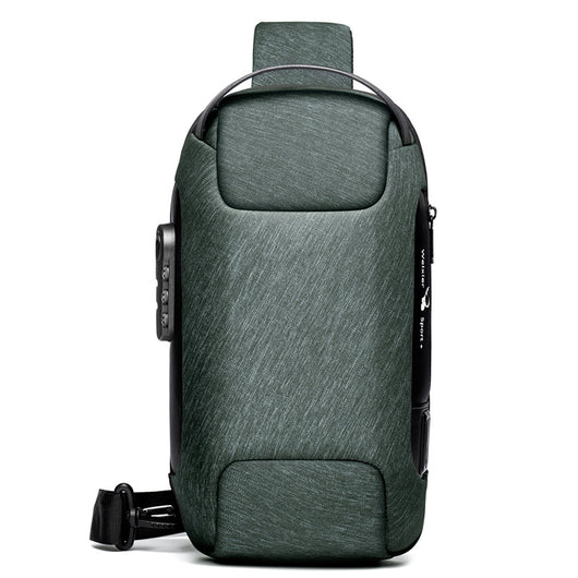 Light grey men's sling bag with a textured canvas finish, single padded shoulder strap, and visible USB charging port. - Image 12